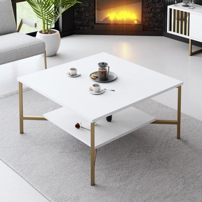 dimehouse Vierkante Salontafel Wit Gold Line 80x80 - Gouden Frame