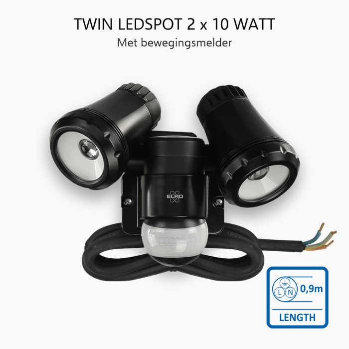 elro 2-Kops LED Buitenlamp met Bewegingsmelder - 2x10W – 1400lm – IP54 Waterdicht - Zwart (LF80-20-P)
