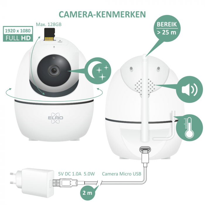 Elro Baby Monitor Premium 1080P Full HD Babyfoon Met 12 7 Cm Scherm (BC2000)