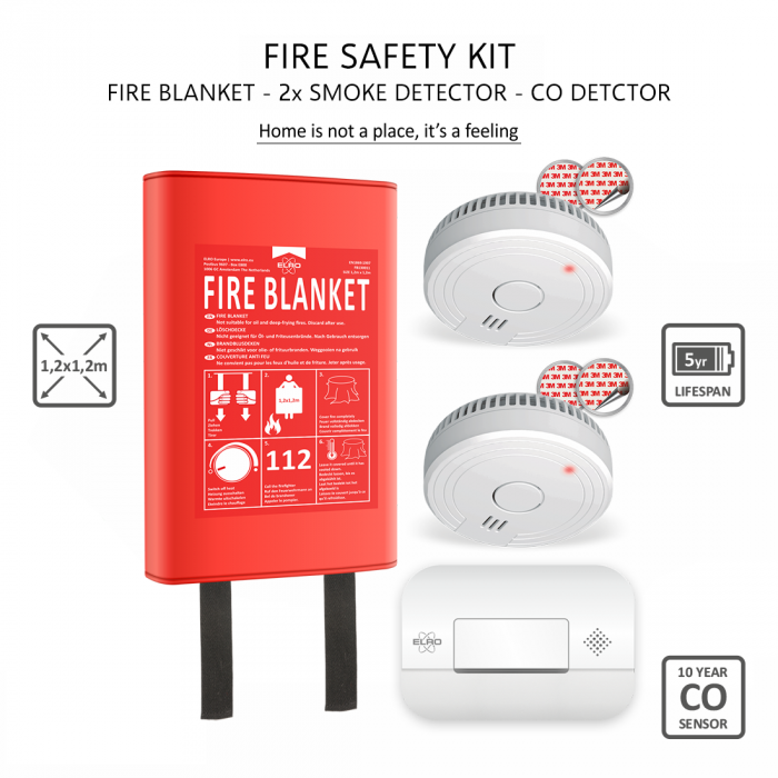 elro Brandpreventieset - 2x Rookmelder met 5 jaar batterij en magneetmontage - CO Melder met 10 jaar sensor - Blusdeken Hardcover 1 2m x 1 2m (FF0404)