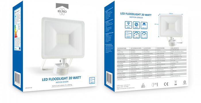 elro Design LED Buitenlamp met Bewegingssensor - 20W – 1600LM – IP54 Waterdicht - Wit (LF60-20-P-W)