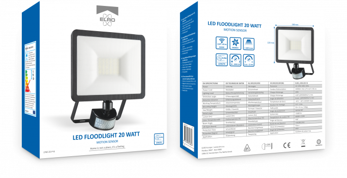 elro Design LED Buitenlamp met Bewegingssensor - 20W – 1600LM – IP54 Waterdicht - Zwart (LF60-20-P-B)
