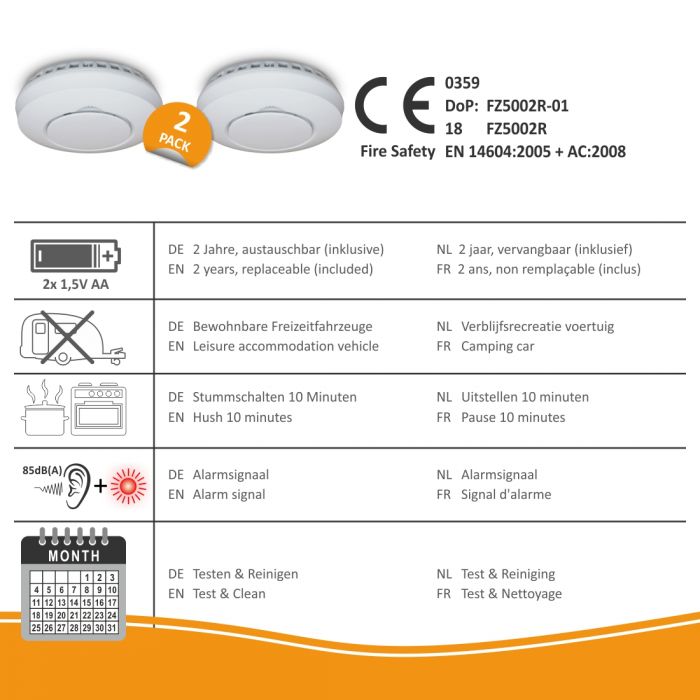 elro Draadloos Koppelbare Rookmelder - met Hittesensor - voldoet aan Europese norm EN14604 - 6 stuks (FZ5002R) elro Draadloos Koppelbare Rookmelder - met Hittesensor - voldoet aan Europese norm EN14604 - 6 stuks (FZ5002R)