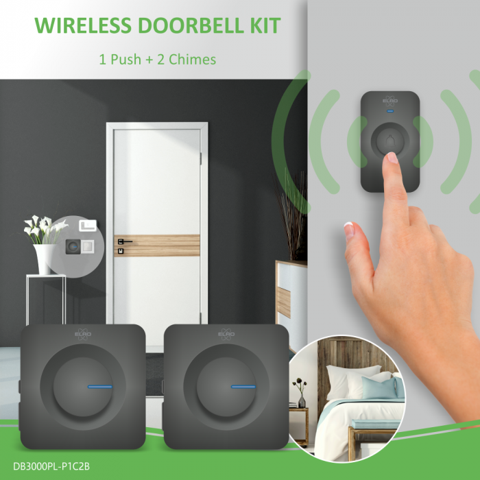 Elro Draadloze Deurbel Set – 2x Plug-in Ontvanger - Zwart (DB3000PL-P1C2B)