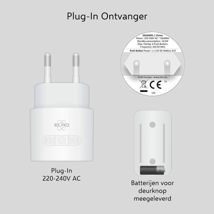 Elro Draadloze Deurbel Set – Met 2 Compacte Plug-In Ontvangers (DB2000PL-P1C2W)