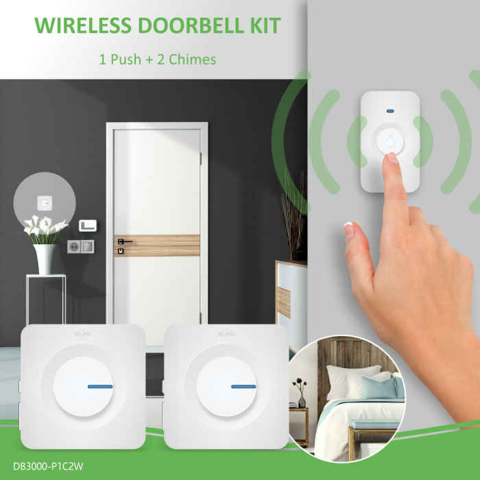 elro Draadloze Deurbel Set – met 2x Ontvanger op batterij - Wit (DB3000-P1C2W)