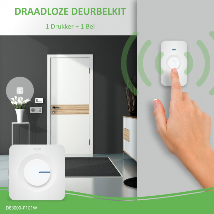 elro Draadloze Deurbel Set – met Ontvanger op batterij - Wit (DB3000-P1C1W)