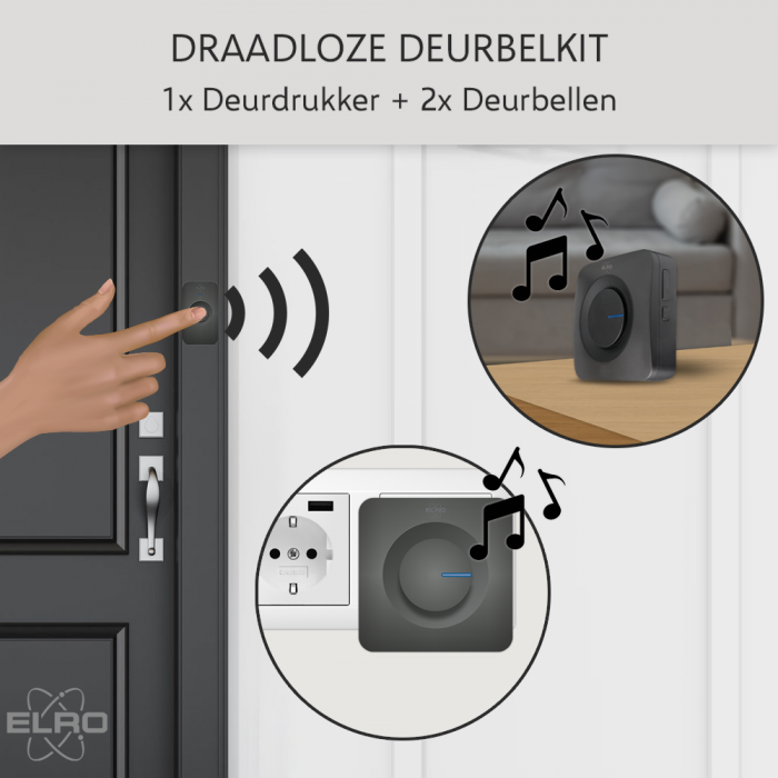 elro Draadloze Deurbel Set – Plug-in Ontvanger + Batterij Ontvanger (DB3000PB-P1C2B)