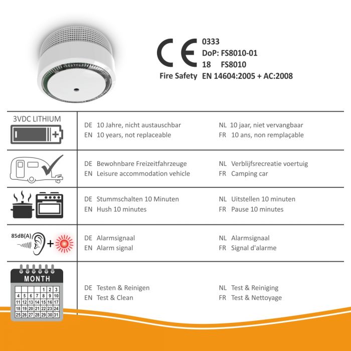 elro Rookmelder Compact Design 10 Jaar Batterij - Voldoet aan EN 14604 - 6 stuks (FS8010)