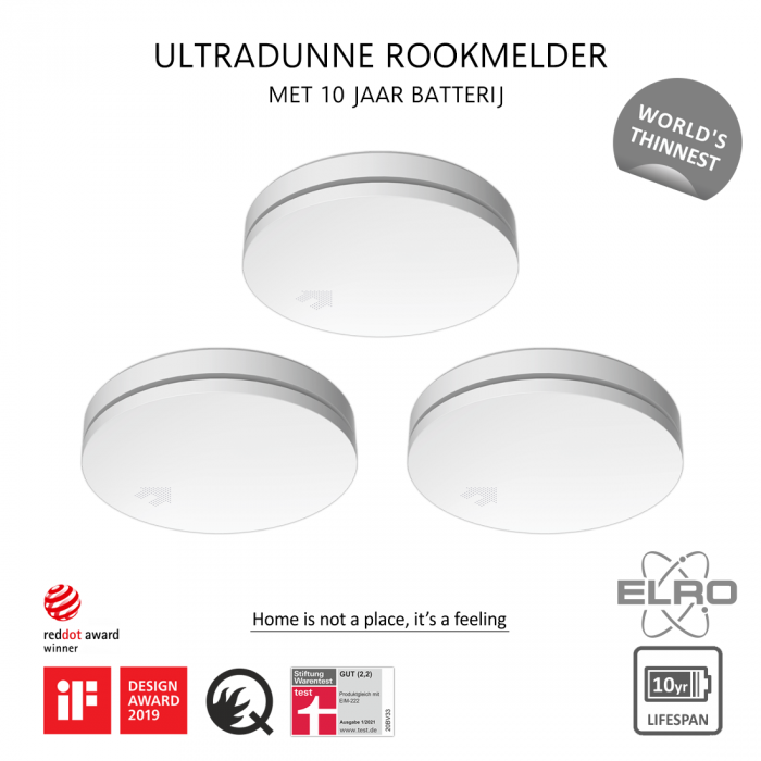 elro Ultra Dunne Rookmelder met 10 jaar batterij - Voldoet aan Europese Norm EN14604 - 3 stuks (FS4610)