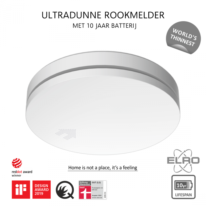elro Ultra Dunne Rookmelder met 10 jaar batterij - Voldoet aan Europese Norm EN14604 (FS4610)