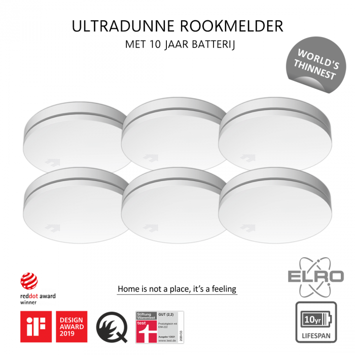 elro Ultra Dunne Rookmelder met 10 jaar batterij - Voldoet aan Europese Norm EN14604 - 6 stuks (FS4610)