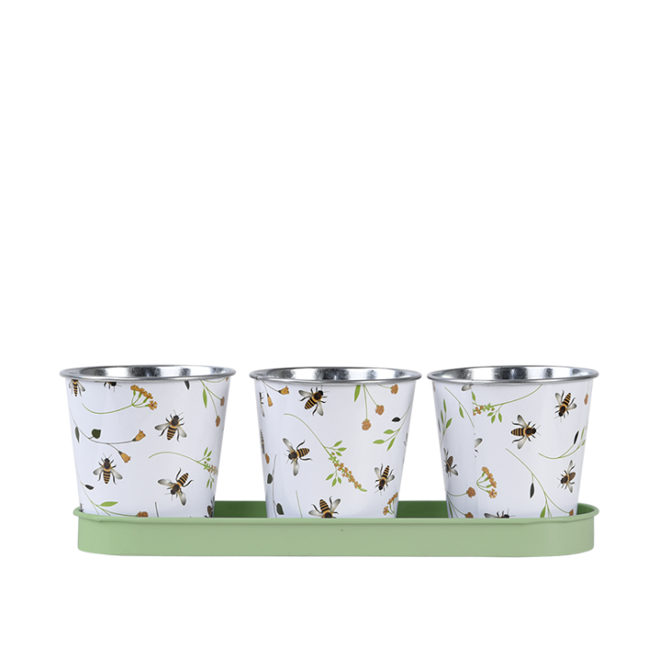 esschert design Drie potjes op tray met bijenprint