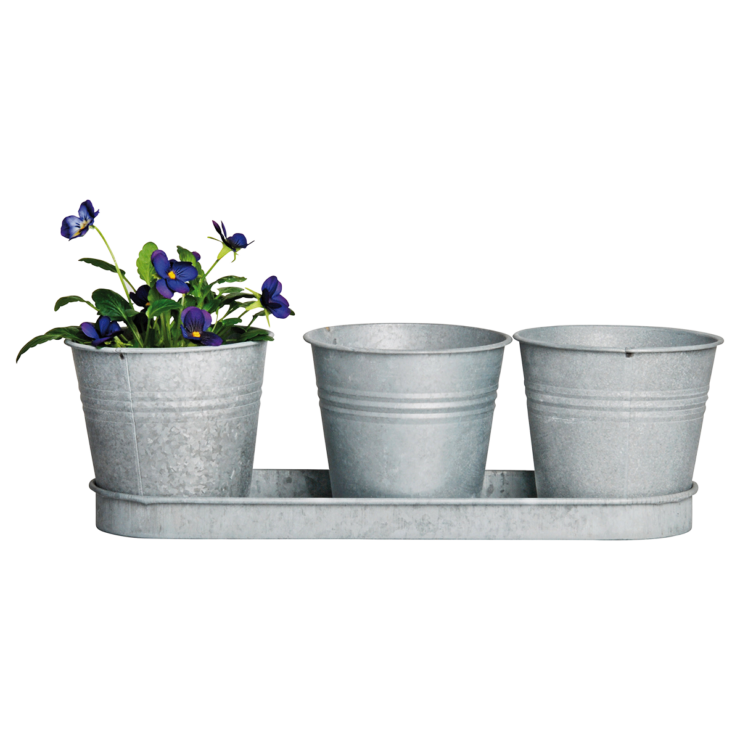 esschert design Oud zink set van 3 potjes op tray