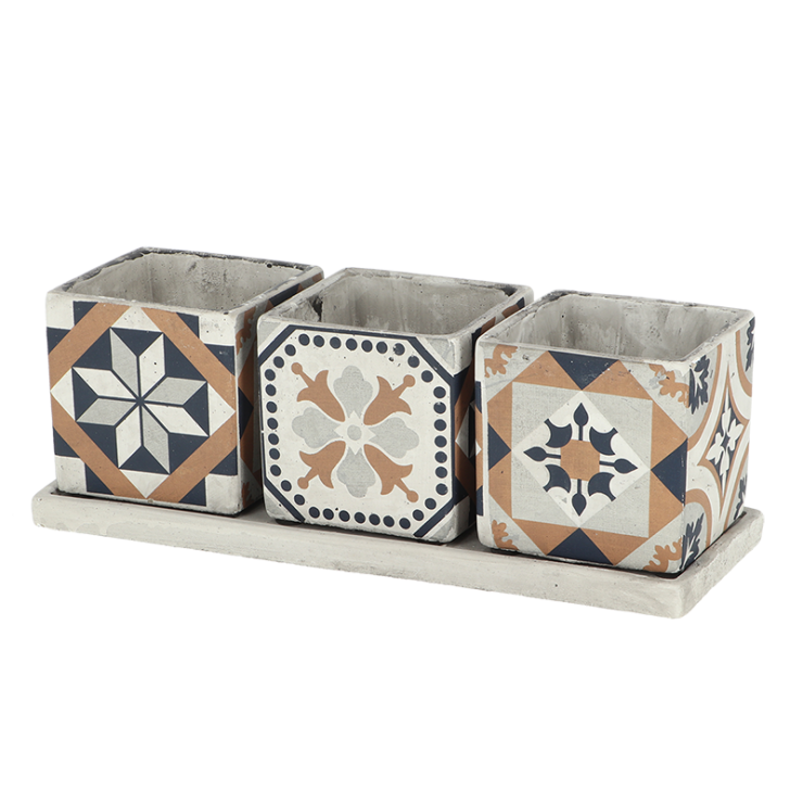 esschert design Portugese tegel bloempotjes op tray