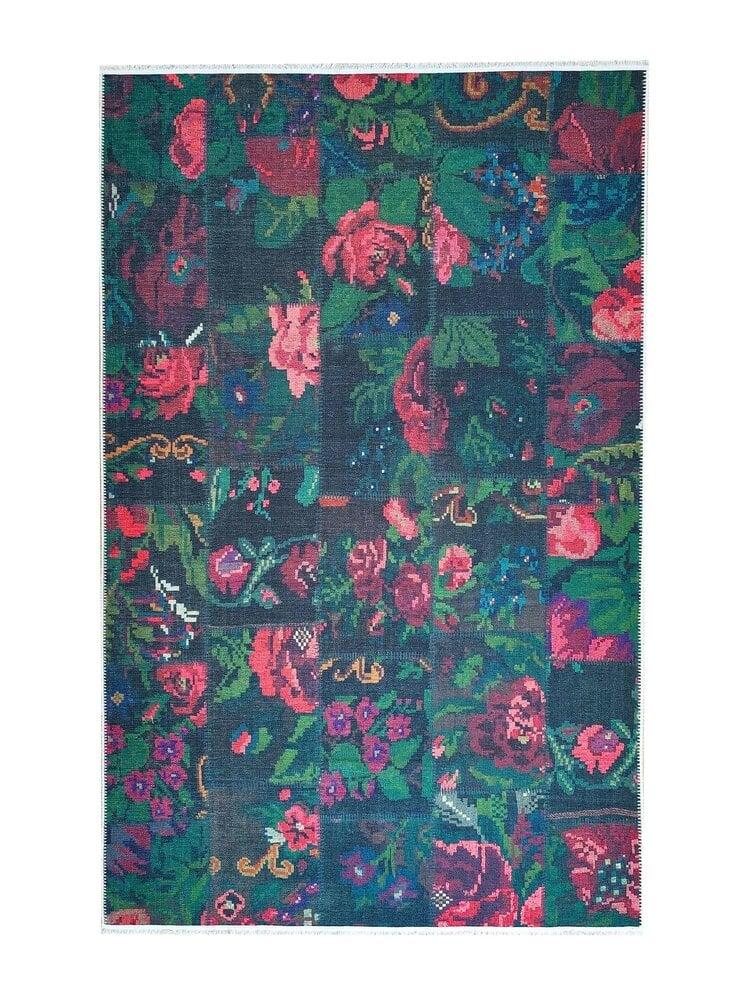 Flycarpets Adrasos Patchwork Zwart Vloerkleed - Gebloemd Wasbaar & Waterdicht