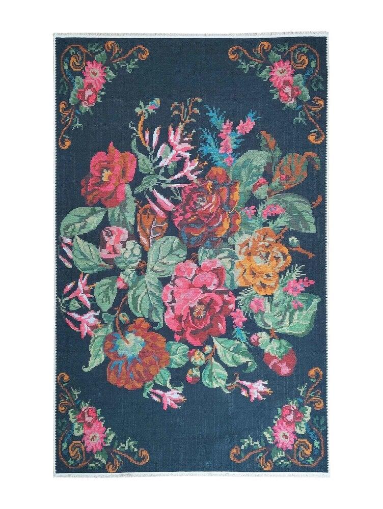 Flycarpets Adrasos Vintage Zwart Vloerkleed - Gebloemd Wasbaar & Waterdicht