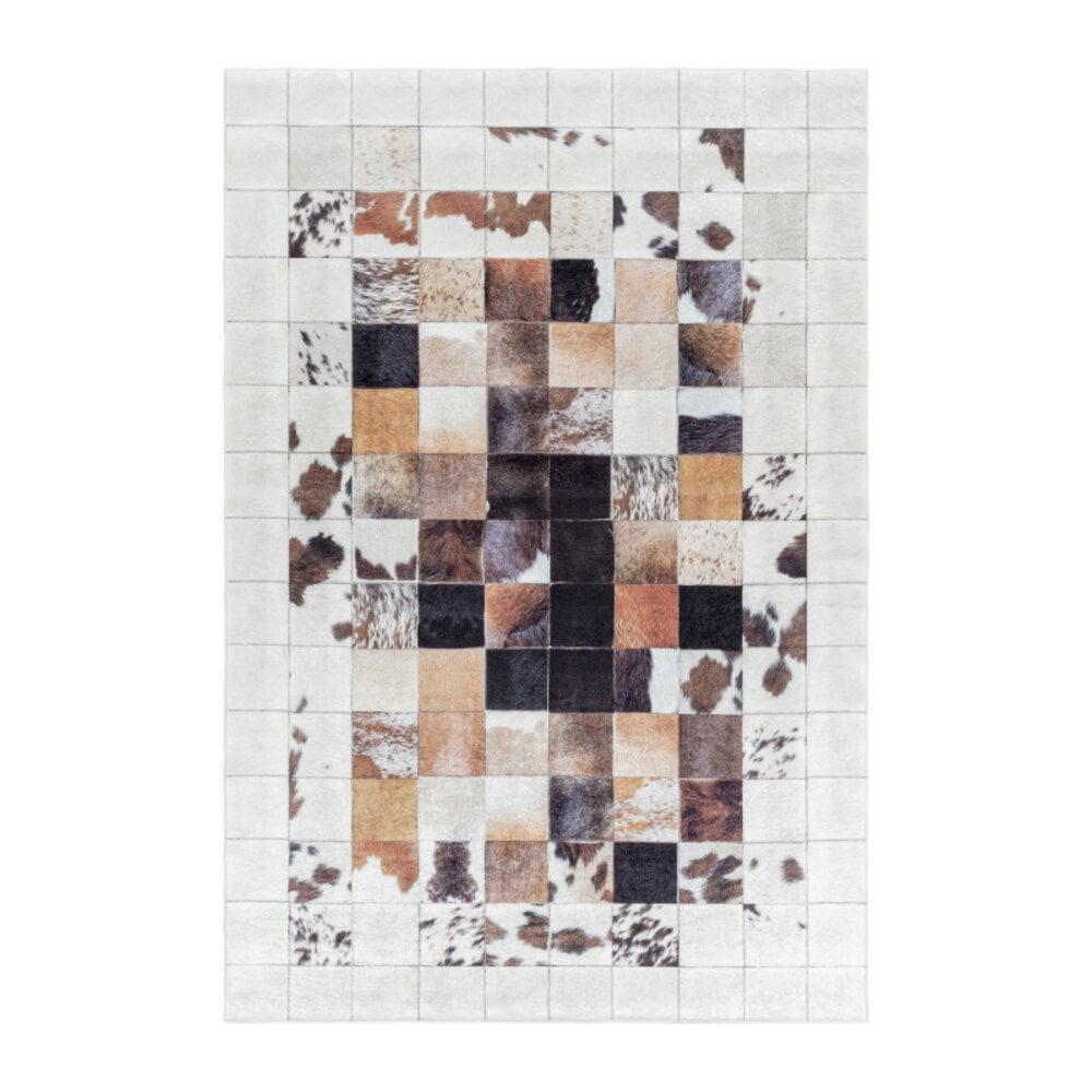 Flycarpets Amira Patchwork Design Wit / Bruin Vloerkleed - Wasbaar