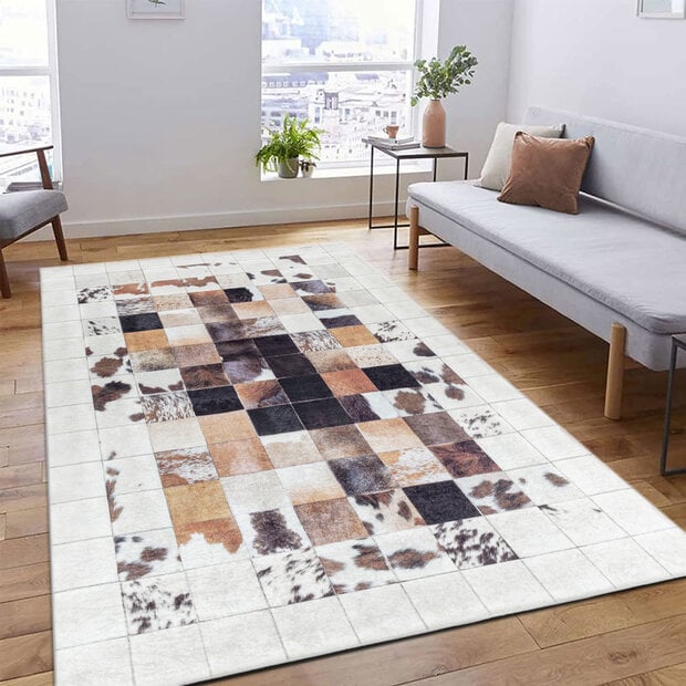 flycarpets Amira Patchwork Design Wit / Bruin vloerkleed - Wasbaar