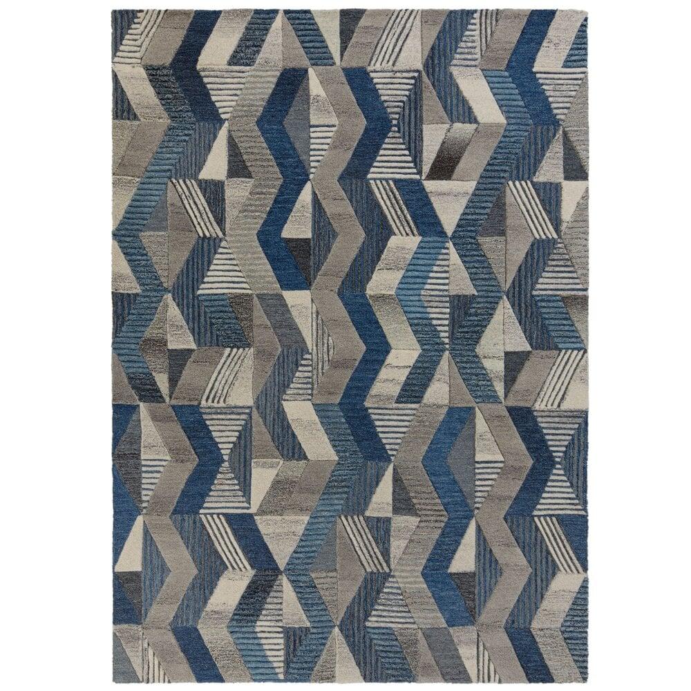 Flycarpets Asher Vloerkleed - Laagpolig - 100% Wol - Geo Modern - Blauw