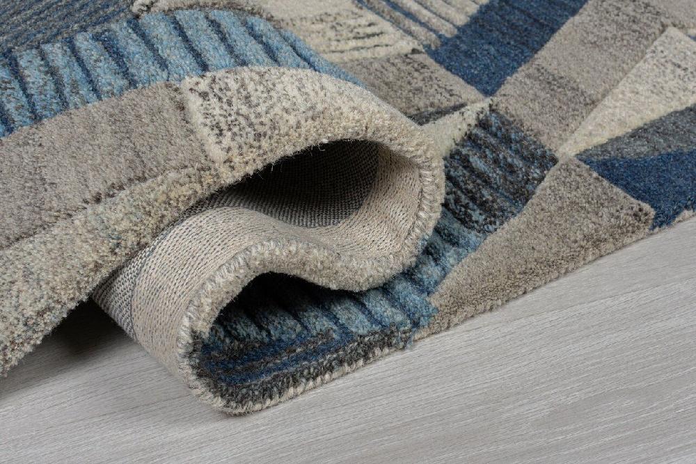 Flycarpets Asher Vloerkleed - Laagpolig - 100% Wol - Geo Modern - Blauw