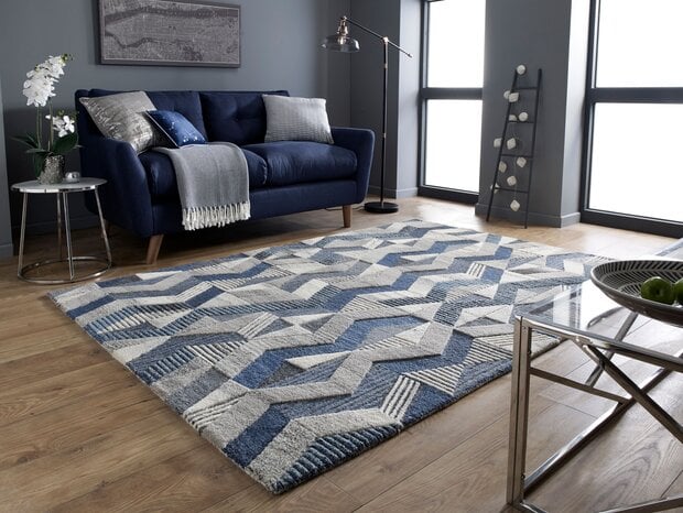 flycarpets Asher vloerkleed - Laagpolig - 100% Wol - Geo Modern - Blauw