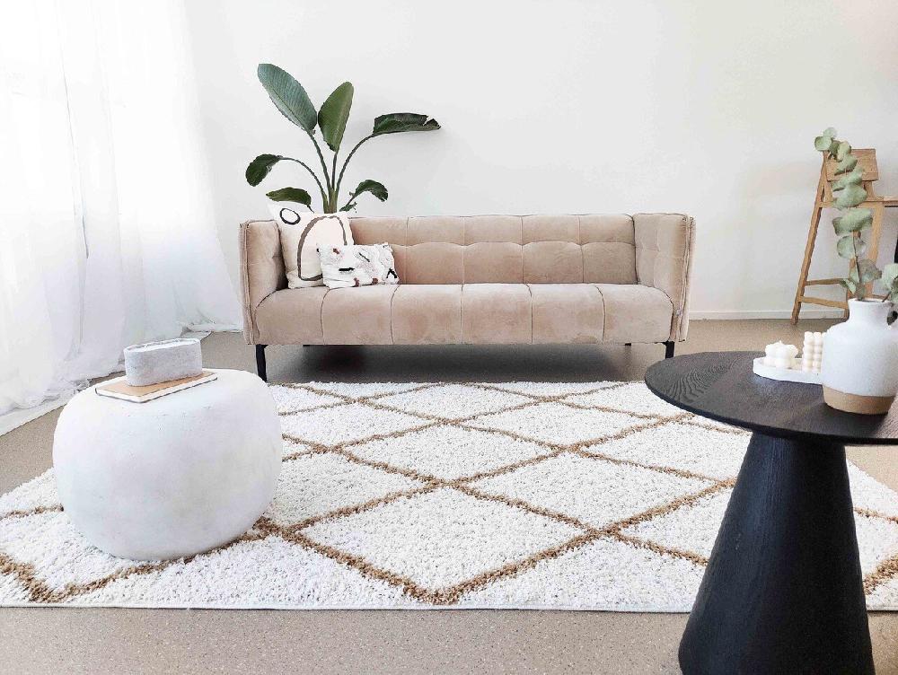 Flycarpets Azure Hoogpolig Crème / Beige Vloerkleed - Geruit