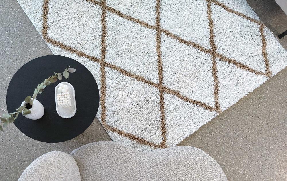 Flycarpets Azure Hoogpolig Crème / Beige Vloerkleed - Geruit