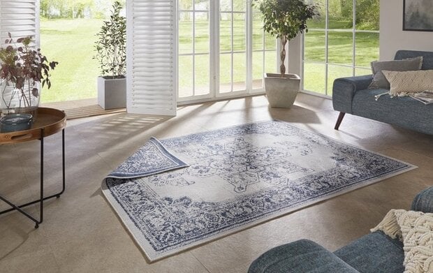 flycarpets Binnen & Buitenkleed Omkeerbaar - Borbon Blauw/Crème