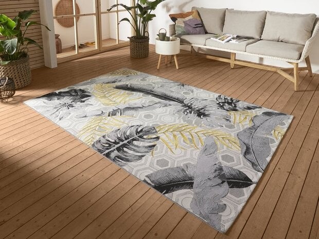 flycarpets Binnen- En Buitenkleed - Flair Leaves Grijs/Geel