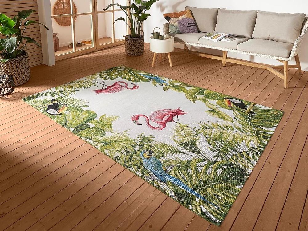 Flycarpets Binnen- En Buitenkleed - Tropical Flamingo & Leaves Meerkleurig