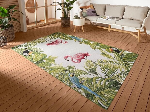 flycarpets Binnen- En Buitenkleed - Tropical Flamingo & Leaves Meerkleurig