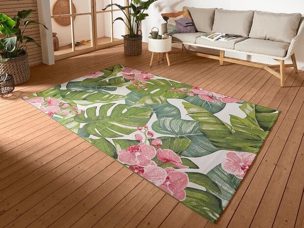 flycarpets Binnen- En Buitenkleed - Tropical Groen/Roze flycarpets Binnen- En Buitenkleed - Tropical Groen/Roze
