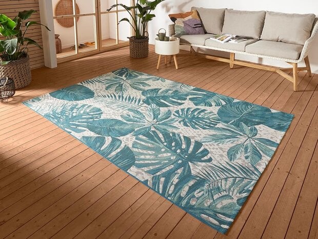 flycarpets Binnen- En Buitenkleed - Tropical Leaves Blauw