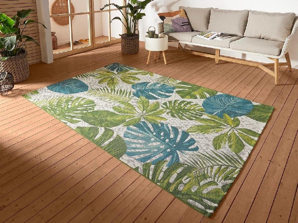 Flycarpets Binnen- En Buitenkleed - Tropical Leaves Groen/Blauw