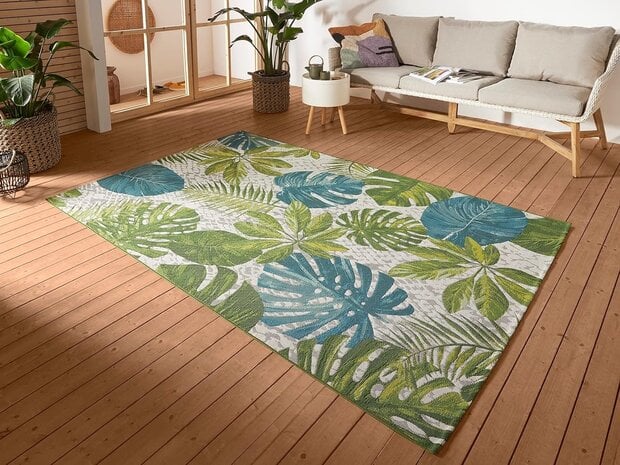 flycarpets Binnen- En Buitenkleed - Tropical Leaves Groen/Blauw flycarpets Binnen- En Buitenkleed - Tropical Leaves Groen/Blauw