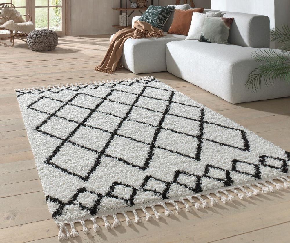 Flycarpets Candy Diamond Hoogpolig Crème / Zwart Vloerkleed - Geruit