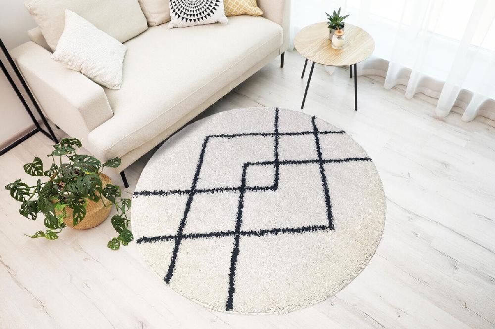 Flycarpets Candy Diamond Rond Hoogpolig Crème / Zwart Vloerkleed - Geruit