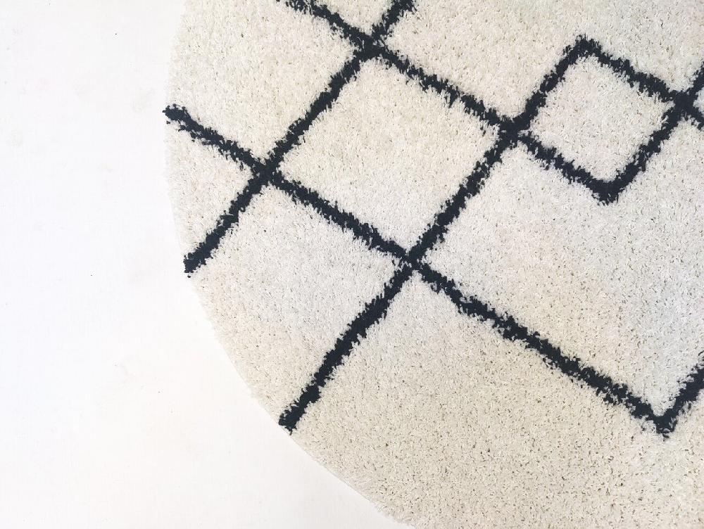 Flycarpets Candy Diamond Rond Hoogpolig Crème / Zwart Vloerkleed - Geruit