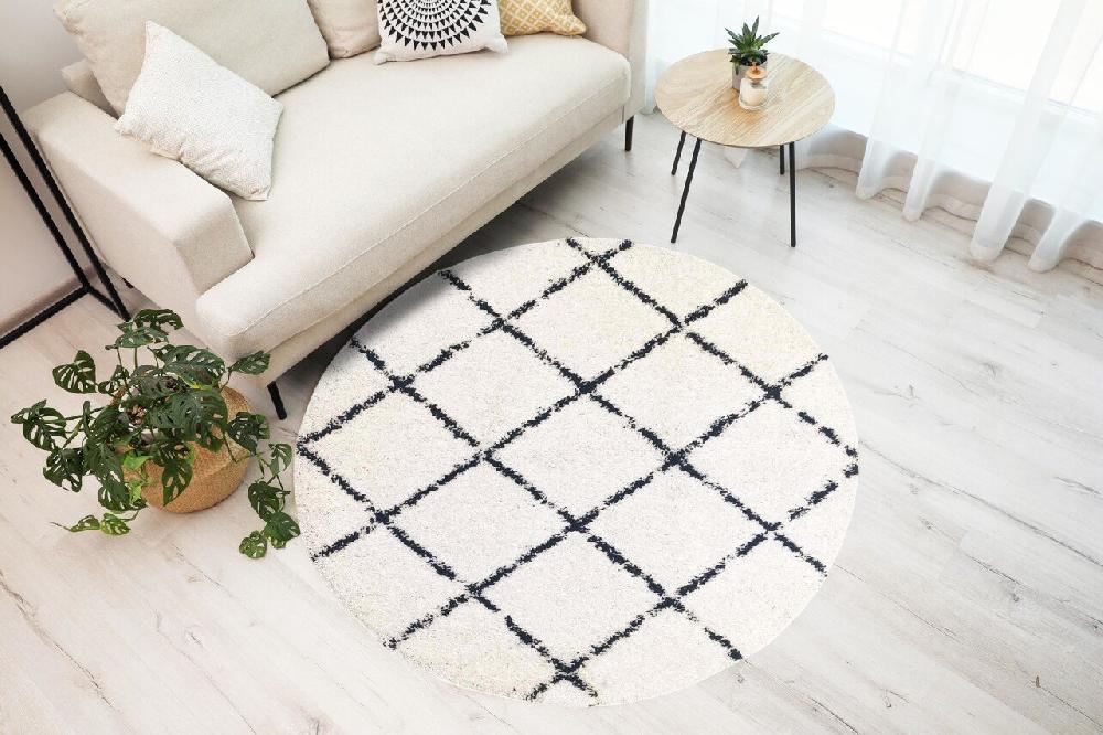 Flycarpets Candy Diamond Rond Hoogpolig Crème / Zwart Vloerkleed - Geruit