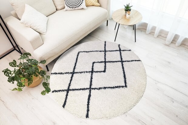 flycarpets Candy Diamond Rond Hoogpolig Crème / Zwart vloerkleed - Geruit