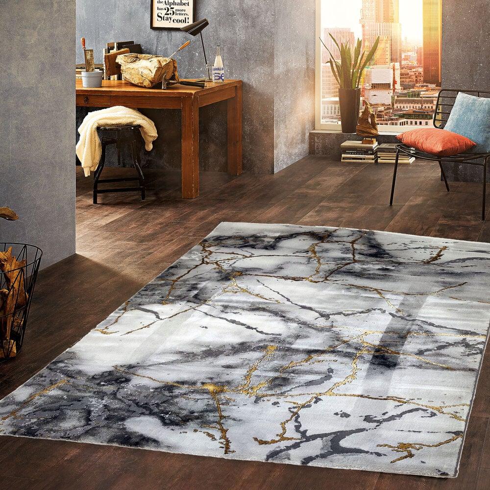 Flycarpets Carrara Modern Grijs Goud Vloerkleed - Marmer Design