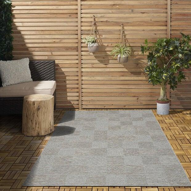 flycarpets Cyrene Laagpolig Geblokt Grijs vloerkleed - Indoor En Outdoor