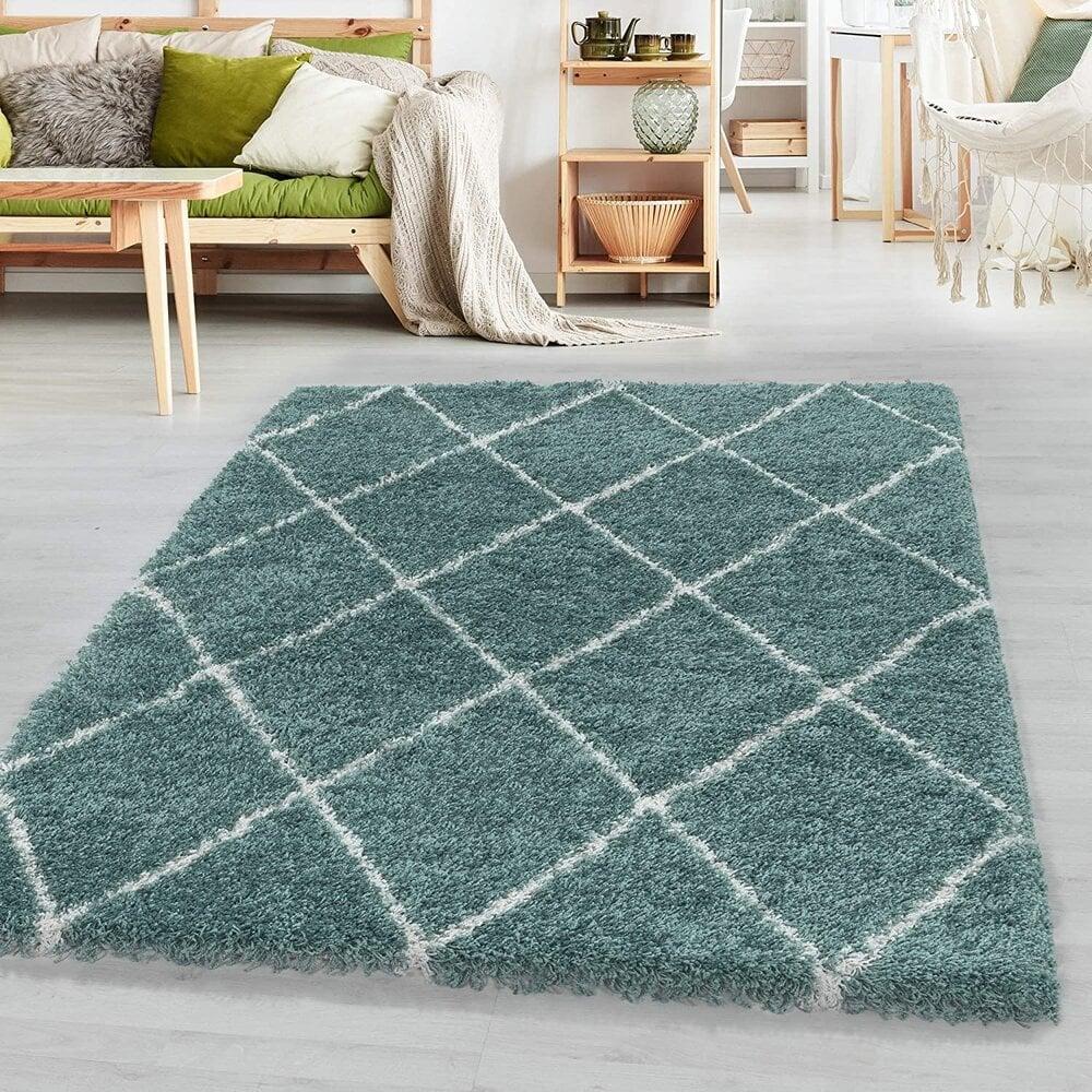 Flycarpets Azure Hoogpolig Blauw Vloerkleed - Geruit