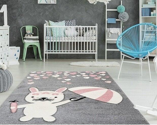 flycarpets Kids Konijn Grijs Roze vloerkleed