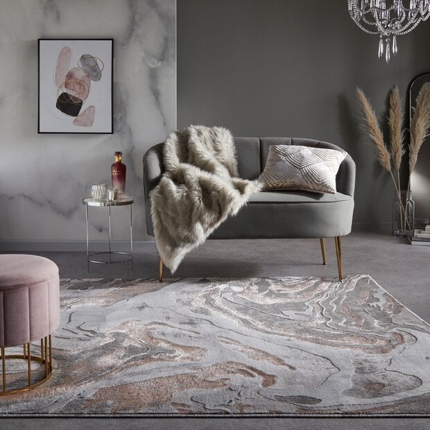 flycarpets Modern vloerkleed - Marbled Grijs/Roze