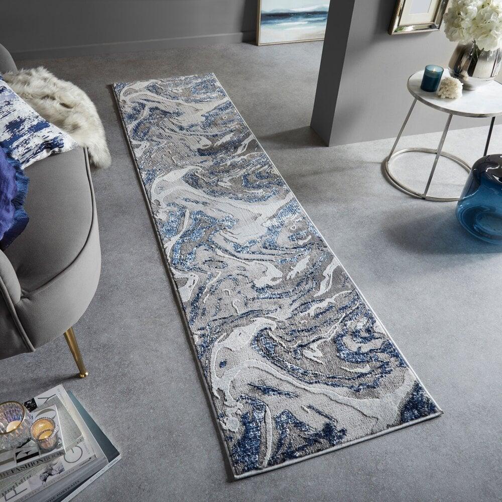 Flycarpets Moderne Loper - Marbled Grijs/Navy