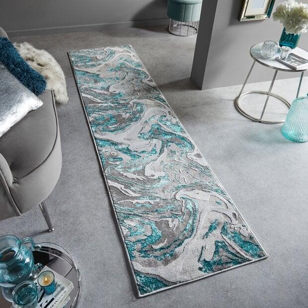 flycarpets Moderne Loper - Marbled Grijs/Turquoise