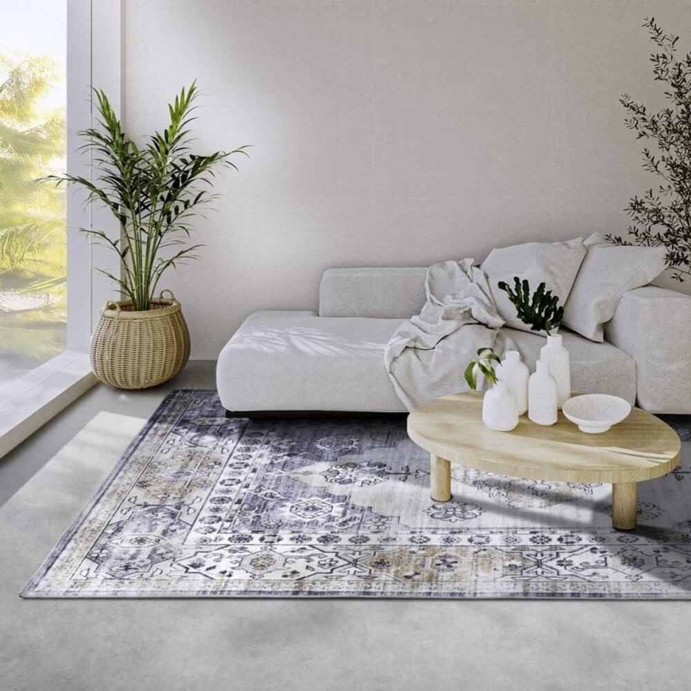 Flycarpets Freundin Home Collection - Asya Laagpolig Vintage Vloerkleed - Blauw / Goud