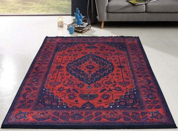 flycarpets Hana Vintage Indoor & Outdoor Rood / Zwart vloerkleed - Wasbaar